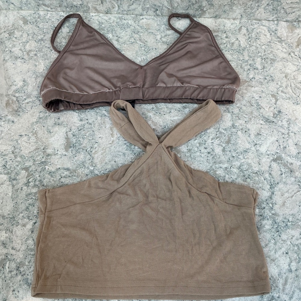 POL Clothing 2 Piece Set L Tan Mauve Ribbed Halter Crop Top & Satin Bralette